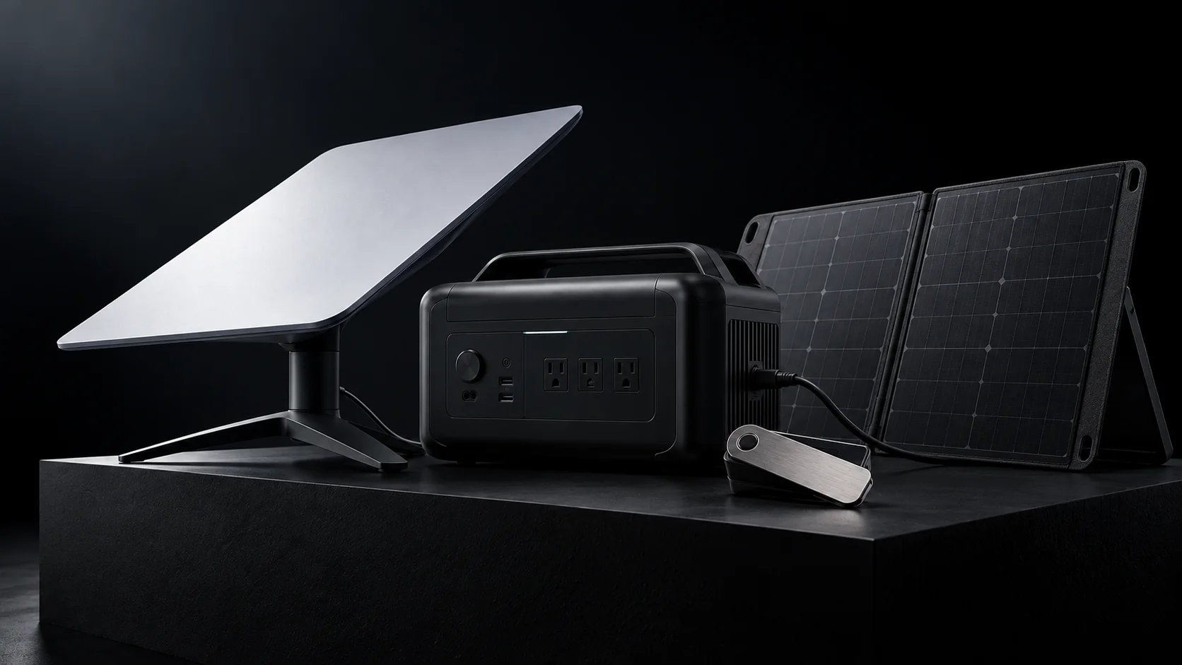 Draagbare satellietverbinding, powerstation, opvouwbaar zonnepaneel en hardware wallet als één mobiele continuïteitsinfrastructuur